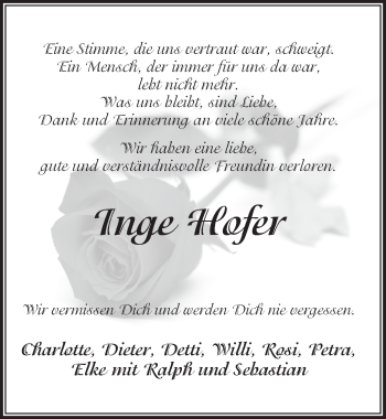 Traueranzeige von Inge Hofer von Pegnitz-Zeitung